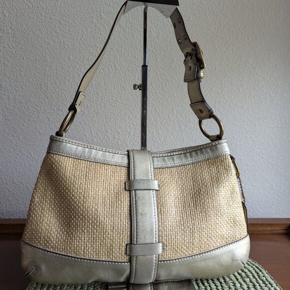 Coach L05K - 105 Legacy Straw Bag Y2K Gold Leather Shoulder Hobo - Picture 3 of 10